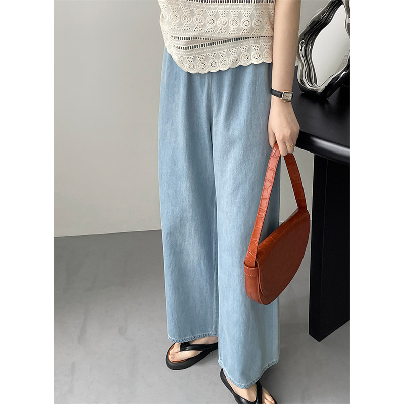 Taochuan light blue elastic high waist jeans female lazy wind loose thin casual straight wide leg pants 2217