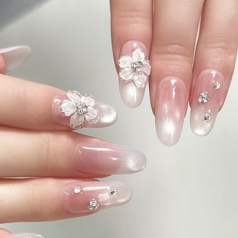 iGirl Wearable Nails: Purely Handmade High-End 3D Carved Flower Manicure, Cat Eye, Gentle Nude Pink Flowers, Wedding White Moonlight iGirl Wearable Nails: Purely Handmade High-End 3D Carved Flower Manicure, Cat Eye, Gentle Nude Pink Flowers, Wedding White Moonlight