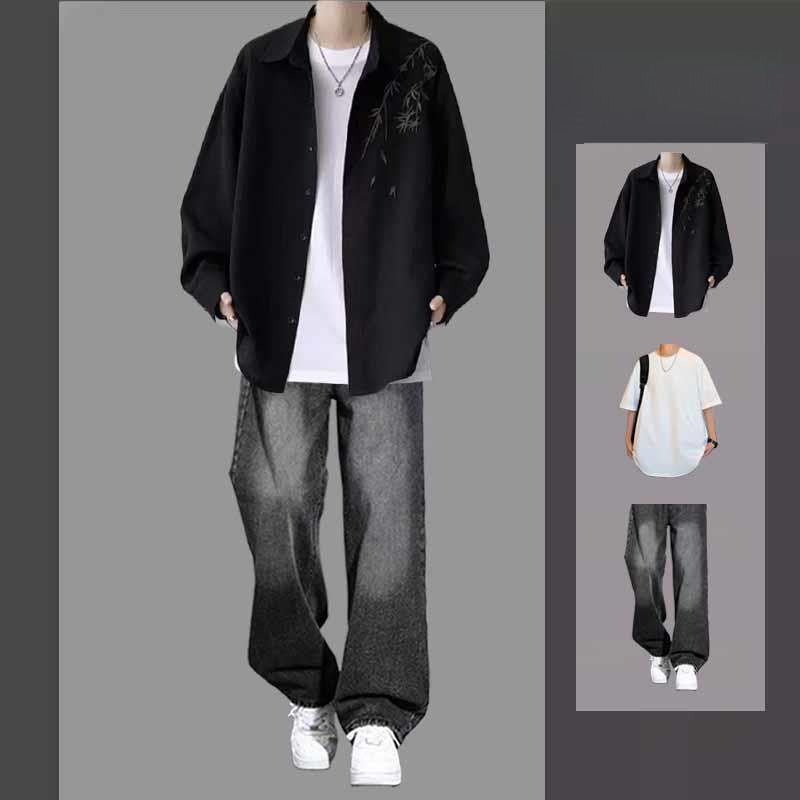 New Chinese Style Shirt Jacket Men's Loose Men's Clothing Set Matching Jeans Trendy suit Brand Long Sleeve Shirt