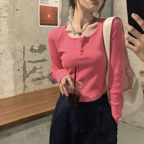 Spring Autumn New Hemline Irregular Base Shirt V-Neck Fitted Long Sleeve Top Atmosphere Small Figure Short T-Shirt Women