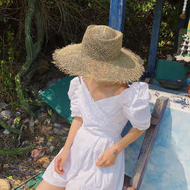 欧美复古镂空手工编织草帽女夏季出游海边度假沙滩帽大檐遮阳帽子