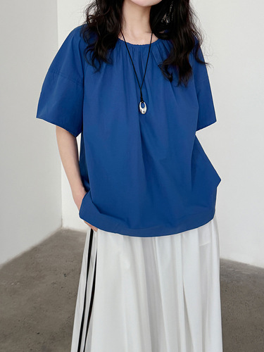 Luxi Korean back strap backless age-reducing shirt summer new wrinkled round collar short-sleeve shirt top 3578