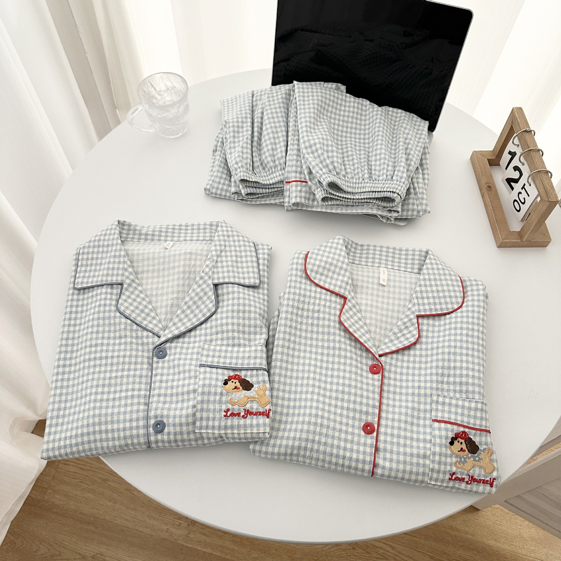 Cross-Border Plaid Puppy Couple Pajamas Spring and Autumn New Style Comfortable Cloud Cotton Long-Sleeved Women's Home Wear Suit for Men
