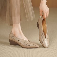 新款舒适简约百搭优雅气质淑女高跟鞋尖头坡跟镂空透气休闲单鞋