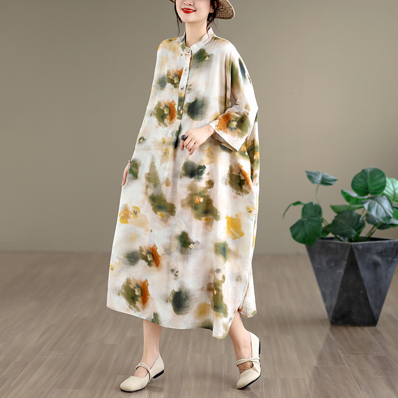 2026 Summer New Style Artistic Retro Cotton and Linen Printed Stand Collar Loose Plus-Size Women's Extra-Long Holiday-Style Dress