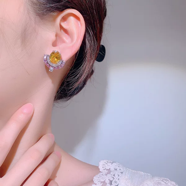 Jewelry Retro Earrings Zircon Earrings High-End Imitation Red Corundum Pigeon Blood Red Yellow Pink Zircon Earrings for Women Wholesale