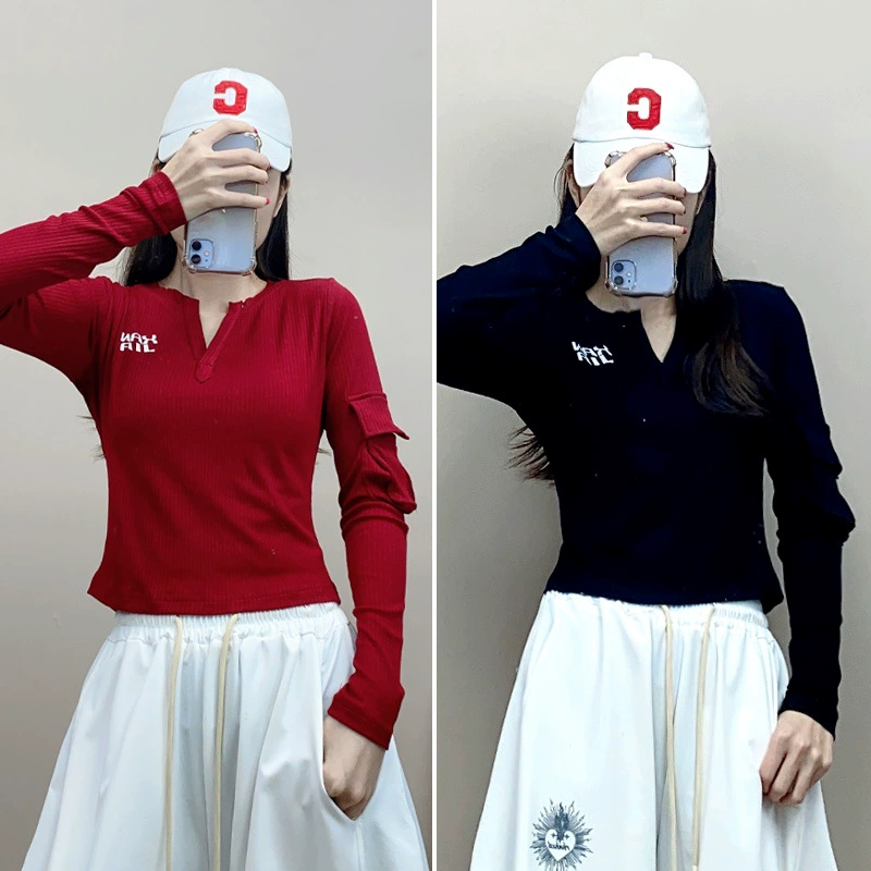 2025 новый трендовый танцевальный костюм американский рукавный рукавный нижний свитер женский тонкий дикий трикотажный спортивный топ с длинными рукавами