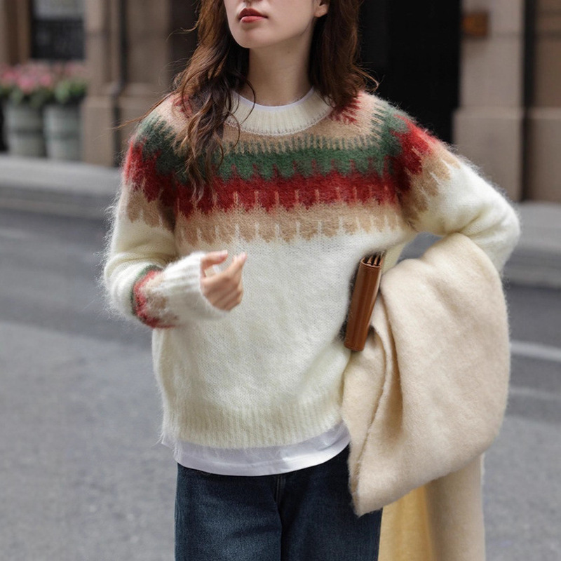 Lazy Round Neck Christmas Cream Strawberry Mohair Cashmere Knitwear Autumn and Winter New Long-Sleeved Knitwear Top for Women