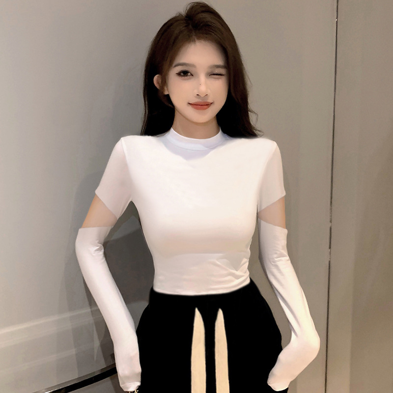 螺纹黑色半高领打底衫女春秋内搭针织短款长袖t恤破洞紧身上衣潮|undefined