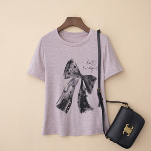 Foreign Trade French Cotton Yarn Short-sleeved T-shirt Women's Summer Korean-style Bow Printed Top T-shirt Small Shirt with Large Size