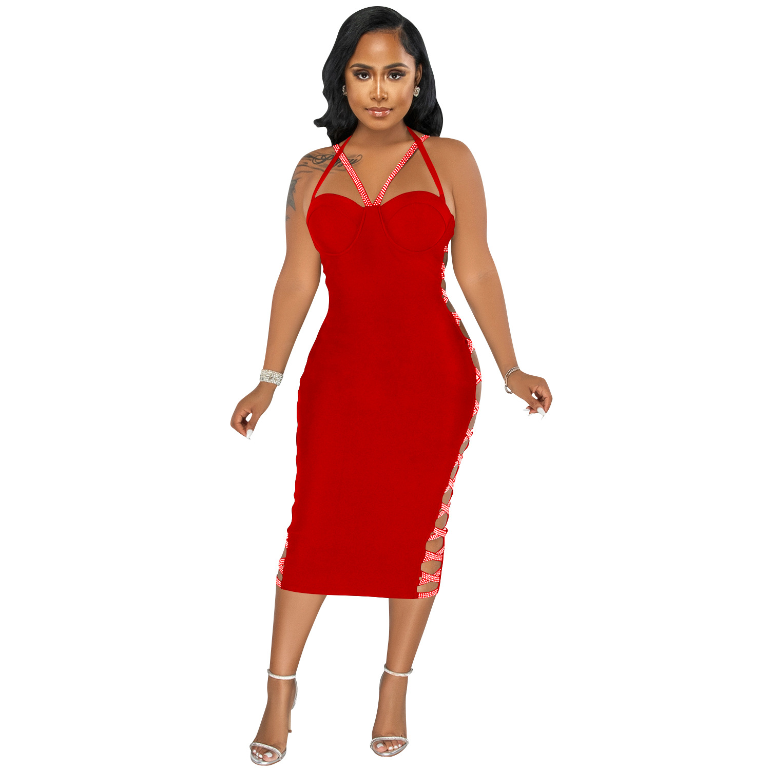 X5657 transfronteriza nueva AliExpress Ebay color sólido sexy Sling Hollow zipper vestido partido vestido de las mujeres image 6