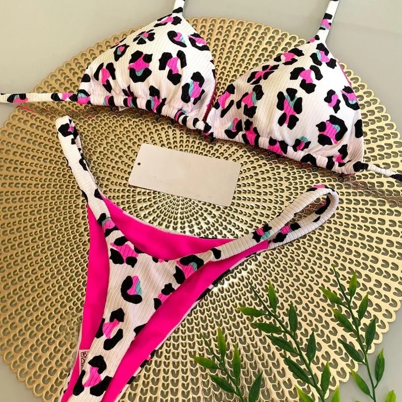 Leopard Pattern Women's Gender Women's Leopard 2 Pieces Set Bikinis Swimwear