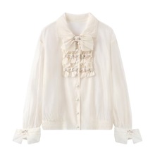 现货2025秋季新款气质甜美风蝴蝶结欧根纱长袖衬衫女LF25Q00SC293