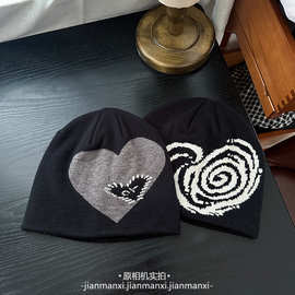 新款爱心提花包头帽子女秋冬街头保暖百搭针织毛线帽套头冷帽潮