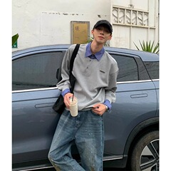 学院風偽二枚poloシャツ襟付きパーカー男春秋潮牌デザイン感小衆長袖インナーシャツ