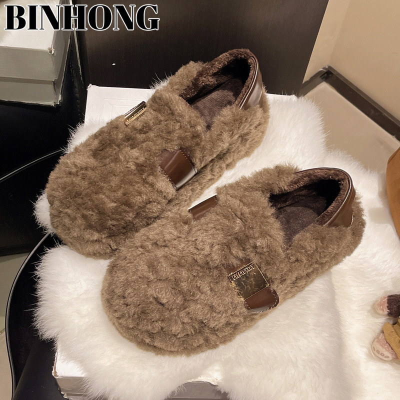 Thick-soled, fleece-lined, dual-use Birkenstock-style furry shoes for women, 2026 autumn and winter new snow boots, slip-on loafers, cotton shoes Thick-soled, fleece-lined, dual-use Birkenstock-style furry shoes for women, 2026 autumn and winter new snow boots, slip-on loafers, cotton shoes