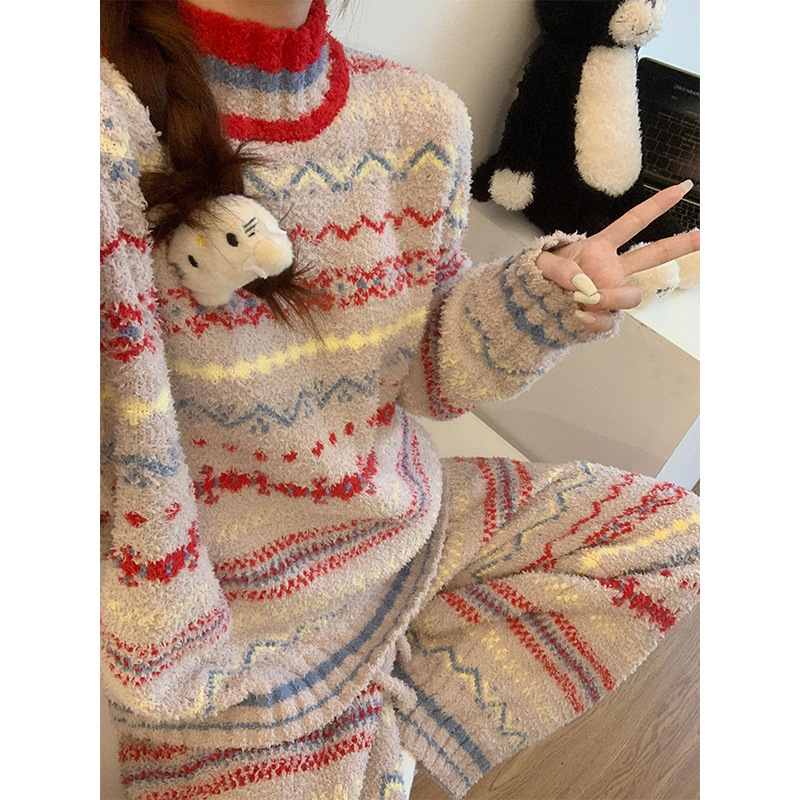 复古民族风撞色拼接半边绒睡衣女款冬天家居服舒适保暖毛衣两件套|undefined