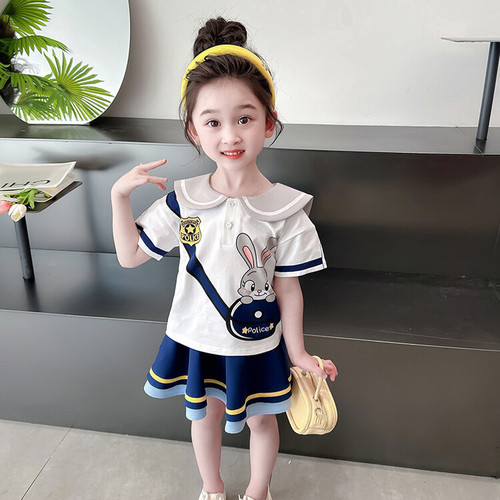 2024 Girls' Set Dress Fashionable and Stylish Primary School Uniform Two-Piece Set Children's Baby Summer Outfit College Style