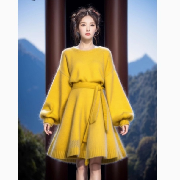 新中式女装汉服改良版连衣裙高级感穿搭小个子黄色国风毛衣裙秋冬|undefined