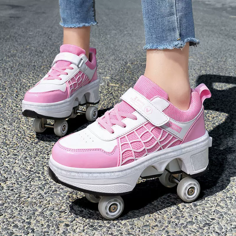 Transformable four‑wheel roller shoes, breathable mesh, unisex, sizes 33–43