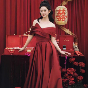 Bride Toast Dress Satin Shoulder Adult Ceremony Red plus size Evening Dress Vocal Art Examination White Engagement Dress