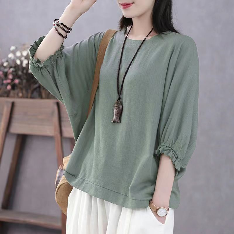 2024 New Bat Sleeve Loose Plus Size Mother's T-Shirt Top Summer Belly-Covering Slimming Look Short-Sleeved Lantern Sleeves