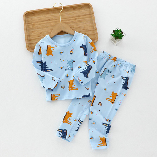Spring and autumn children's autumn clothes and long-sleeved long-sleeved Lycra suits for middle and large children, round neck splits, home clothes for boys and girls