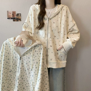 甜美碎花连帽开衫卫衣女春秋2025新款oversize宽松奶fufu韩系外套