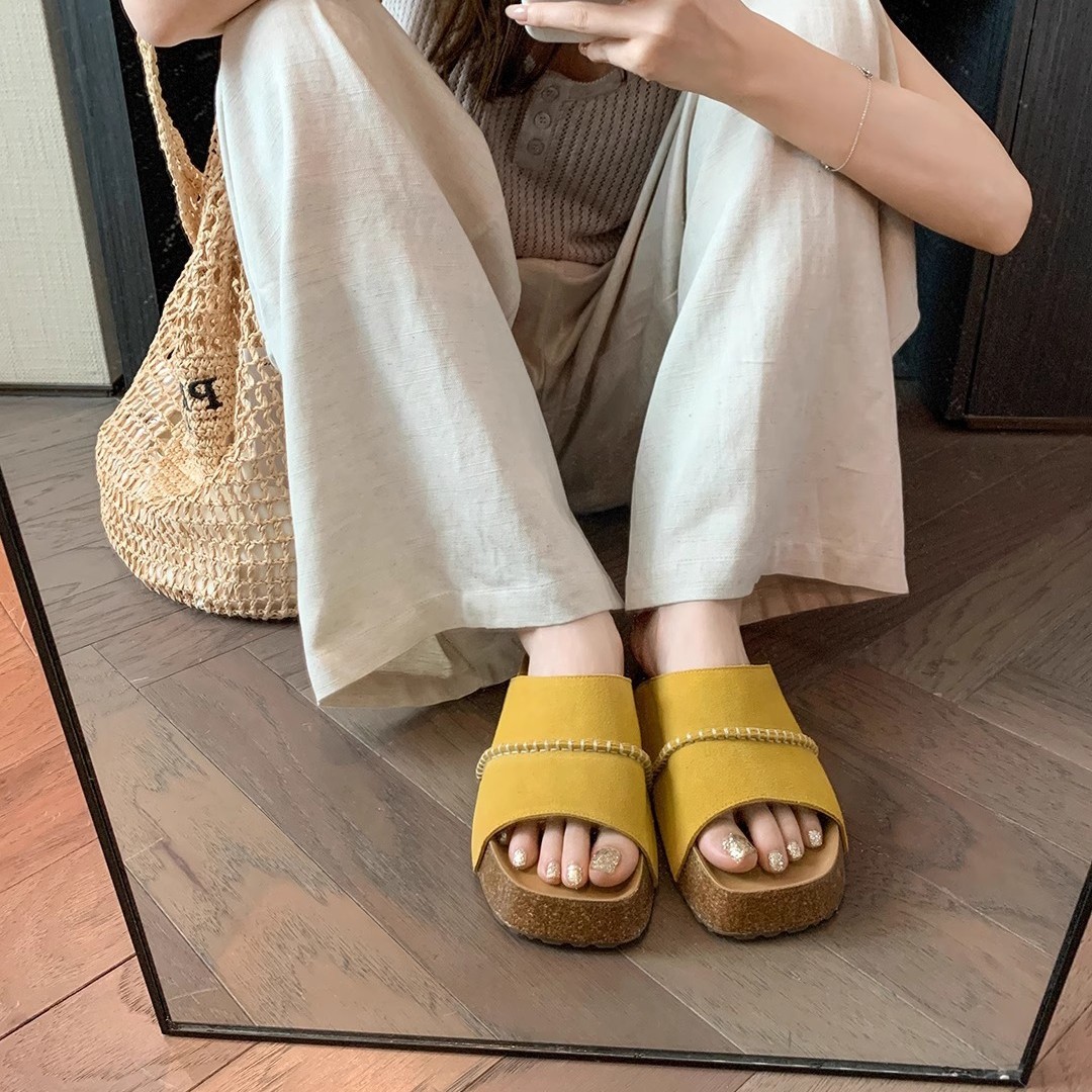 【Sheii Su Yinyin】 Pies enormes ~ Zapatillas Birkken casuales de suela gruesa de corcho de cuero retro