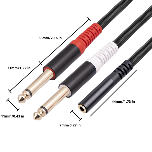 Shielded wire aluminum alloy shell stereo 3.5mm female to dual 6.35 TS 1/4 mono audio cable 0.3 meters