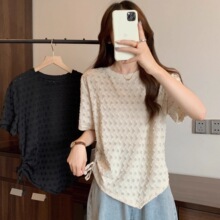 大码女装宽松洋气微2胖mm夏季褶皱半袖上衣T恤300遮肉斤显瘦短袖