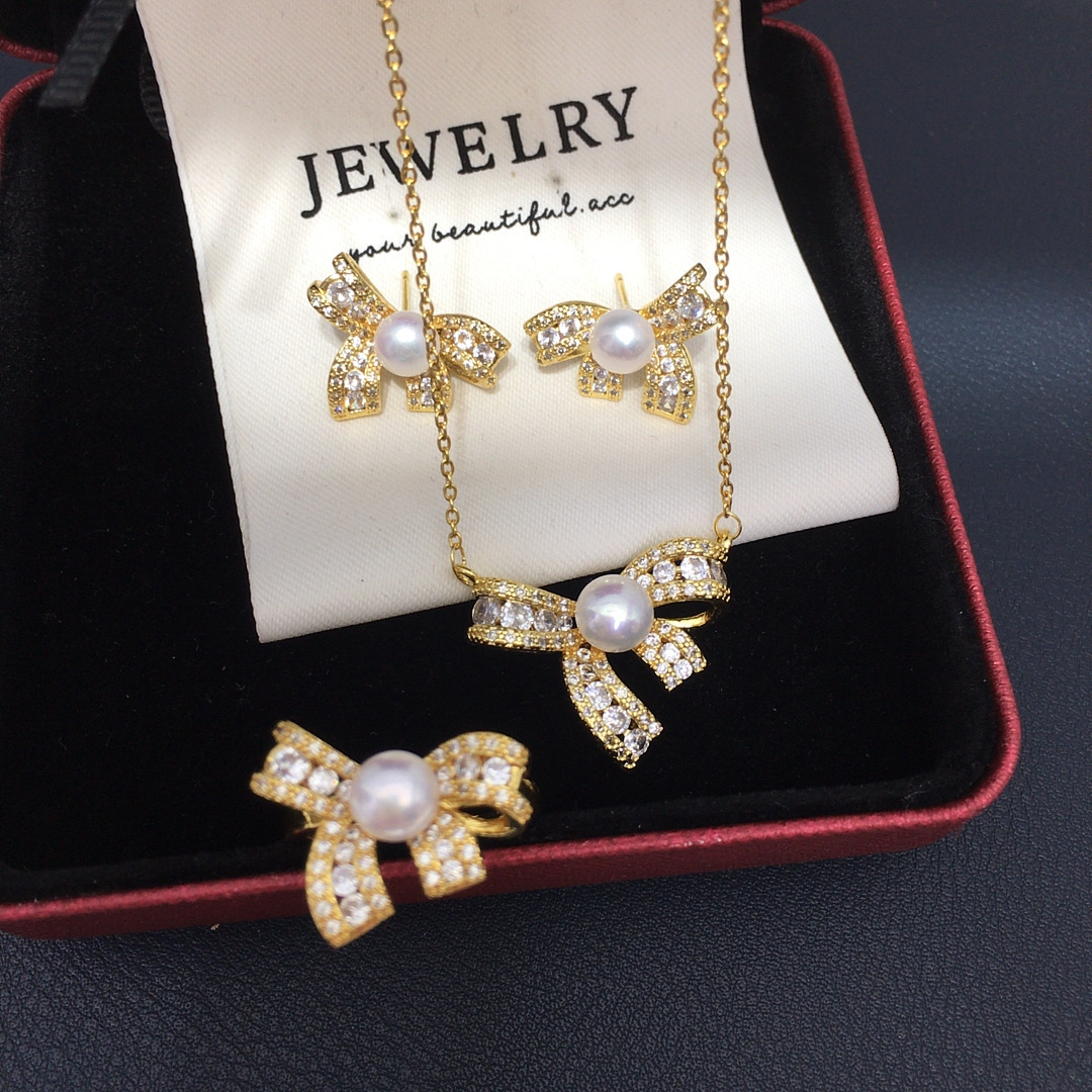 Zhuji Pearl Wholesale Natural Freshwater Pearl Set Women's Earrings Pendant Ring Full Zirconium Three-Dimensional Sweet Bowknot