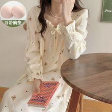 ins公主蝴蝶结方领新款长袖睡裙女甜美春秋季纯棉家居服可爱长款