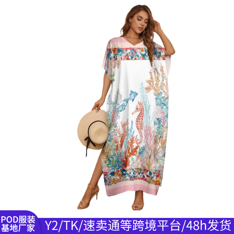 Temu Cross-Border European and American Style Long Dress Loose Beach Cover-Up Foreign Trade Vacation Dress for Women Dropshipping
