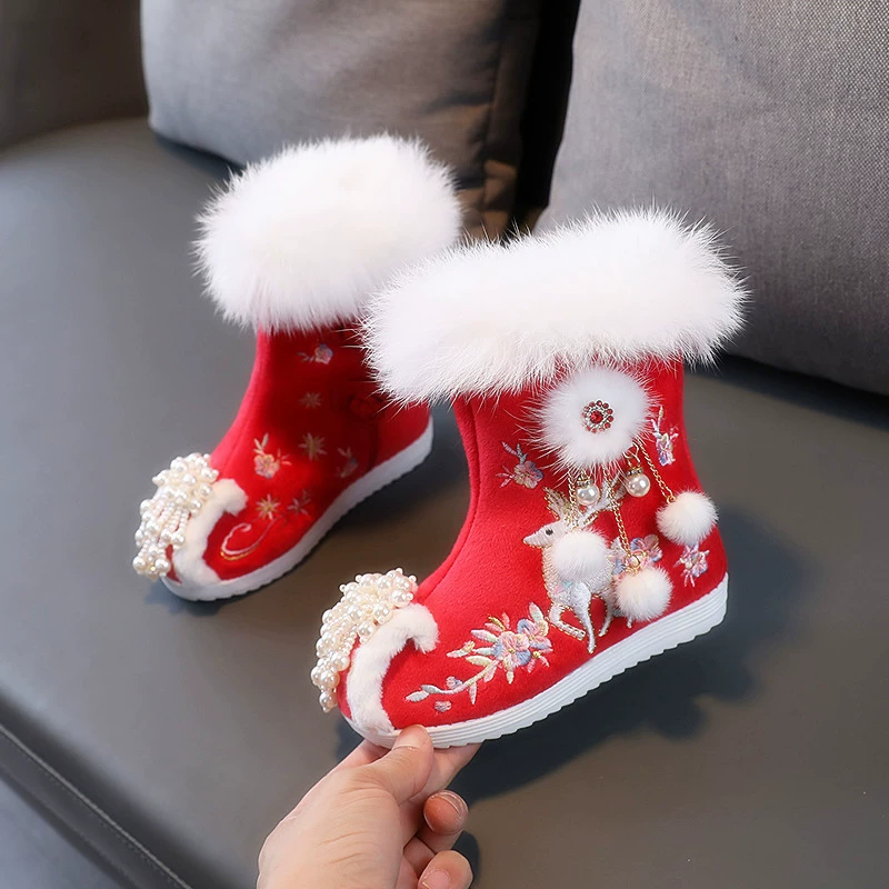 Вышитые туфли для девочек плюс бархатные хлопчатобумажные туфли для детей Hanfu обувь китайский ветер снежные сапоги для девочек