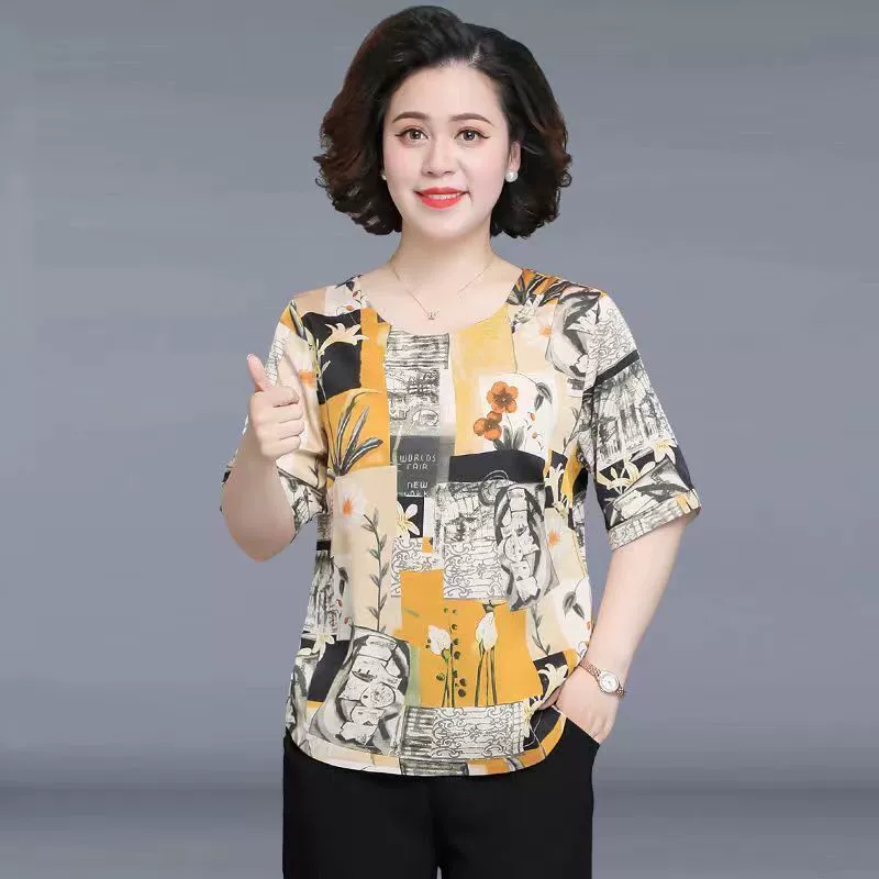 Silk summer clothing for mother, sleeves, summer set, with short sleeve, western style