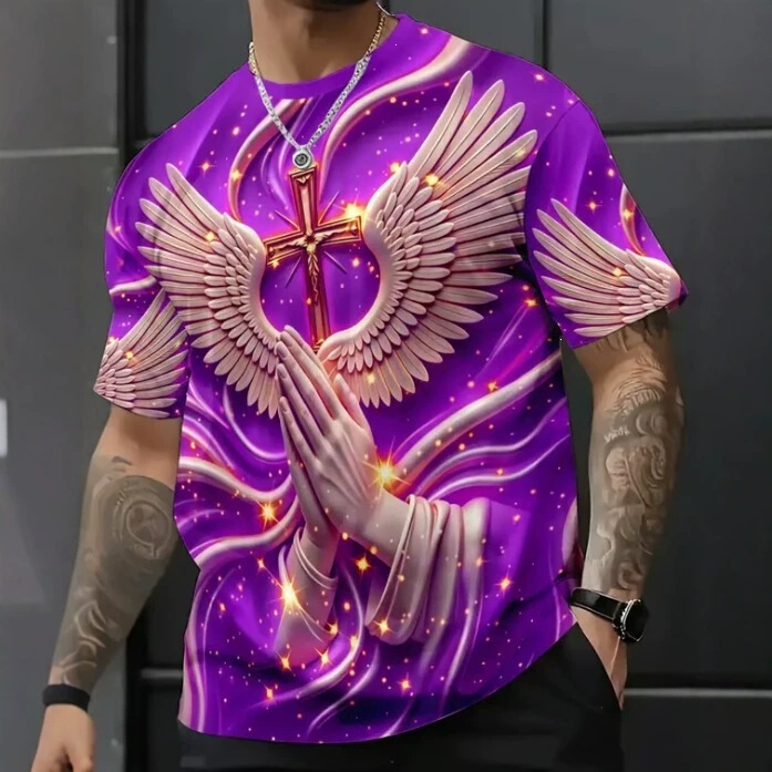 2026 Cross-Border Amazon Men's and Women's Round Neck T-Shirt with Buddha and Angel Wings Pattern Print Short Sleeve Top