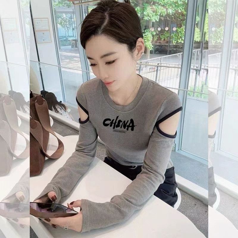 秋季新款破洞设计感长袖打底衫女洋气减龄T恤修身纯棉上衣潮|undefined