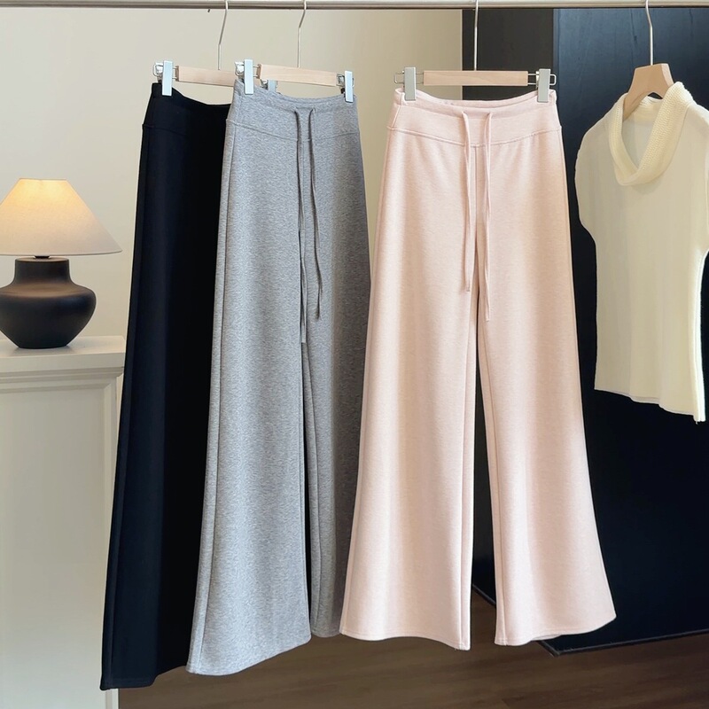 Relaxed-fit drawstring straight-leg casual pants for women, autumn/winter, elastic high-waist, slimming, loose, wide-leg pants with a soft, velvety texture Relaxed-fit drawstring straight-leg casual pants for women, autumn/winter, elastic high-waist, slimming, loose, wide-leg pants with a soft, velvety texture