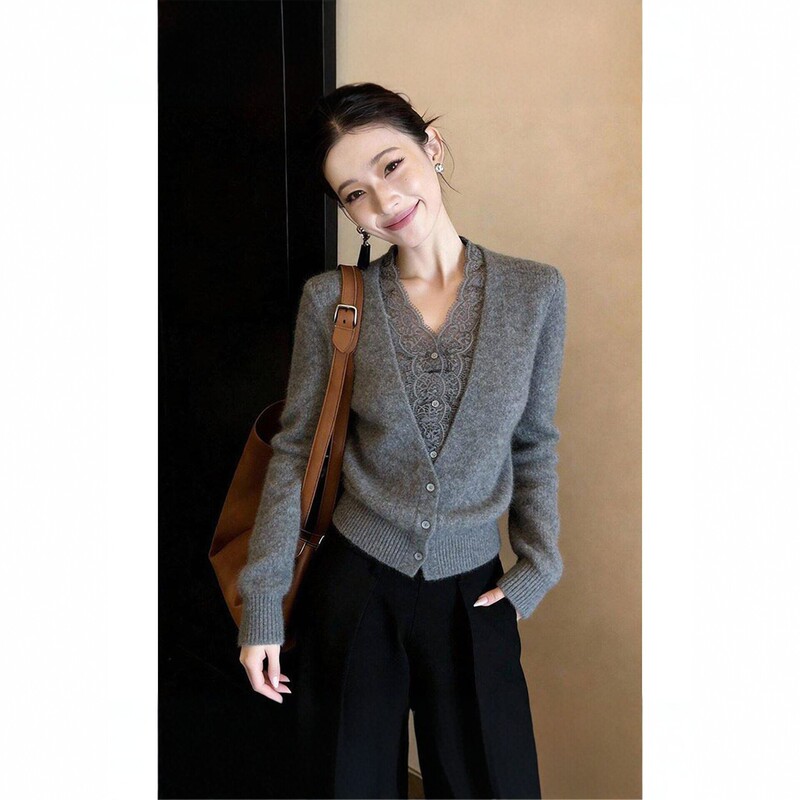 2026 Autumn Sexy Lace Patchwork Gray Top for Women, High-End Versatile Casual Style Slimming Knit Sweater 2026 Autumn Sexy Lace Patchwork Gray Top for Women, High-End Versatile Casual Style Slimming Knit Sweater