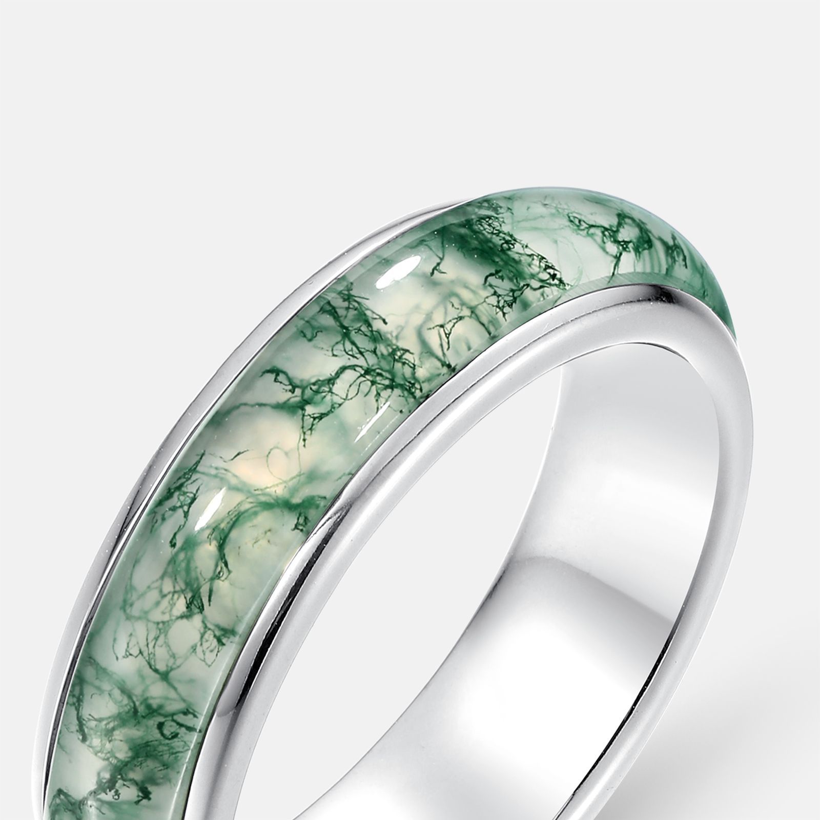 Nuevo anillo de ágata de hierba de agua natural simple transfronterizo femenino S925 anillo de dedo de comida de piedra de musgo verde con incrustaciones de plata Moda europea y americana