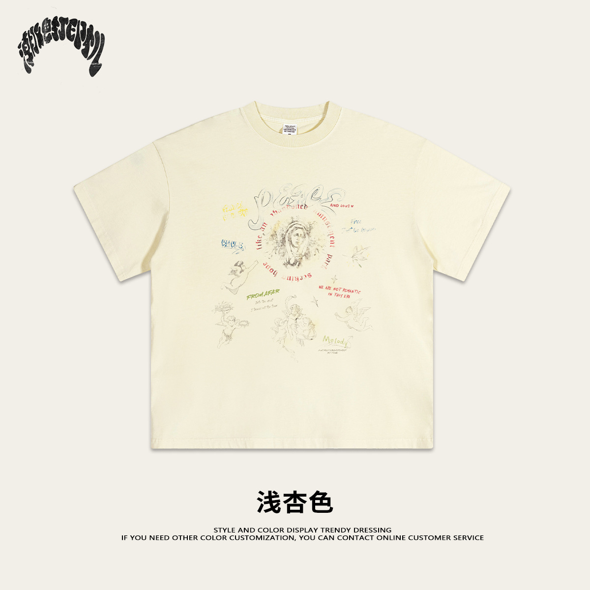 2025 primavera y verano retro marca de moda vintage lavado ángel impresión de cuello redondo pareja camiseta de calle de manga corta moda masculina