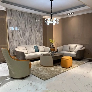 Italian Light Luxury Minimalist Leather Sofa Combination Villa Suite Living Room Post-Modern Hong Kong Style High-End Solid Wood Furniture