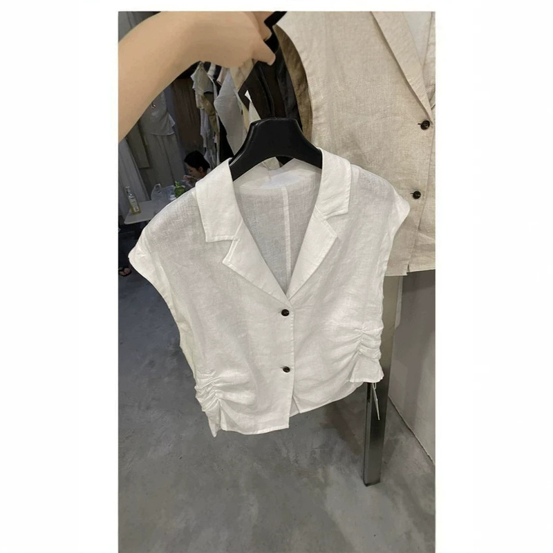 Old Money Style Retro Pleated Waist-Cinching Sleeveless Linen Collared Shirt for Women, New Summer Slim-Fit Short Top Vest