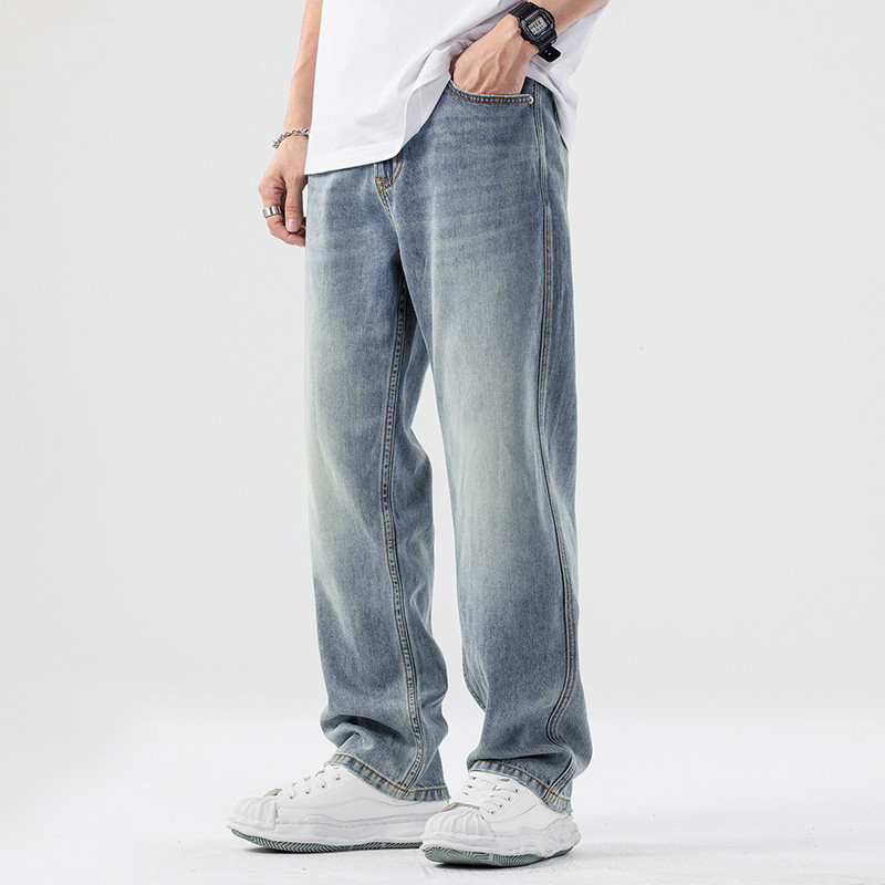 Cross-Border American Retro Jeans for Men in Spring and Summer Thin Loose Casual Straight Large Size Drapey Wide-Leg Trousers