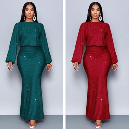 In Stock: European and American Style Striped Gold-Spattered Women's Elegant Mermaid Hem Slim-Fit Sexy Dress