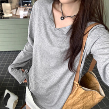 宽松小V领微透显瘦长袖t恤女早秋季中长款罩衫防晒打底衫内搭上衣
