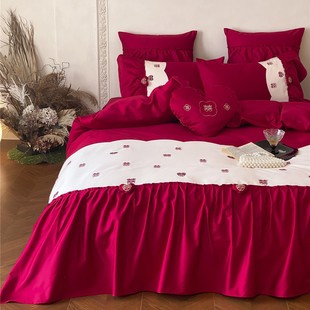 Modern Style Wedding Embroider Wedding Red Dowry Bedding High-End Pure Cotton Long-Staple Cotton Four-Piece Set