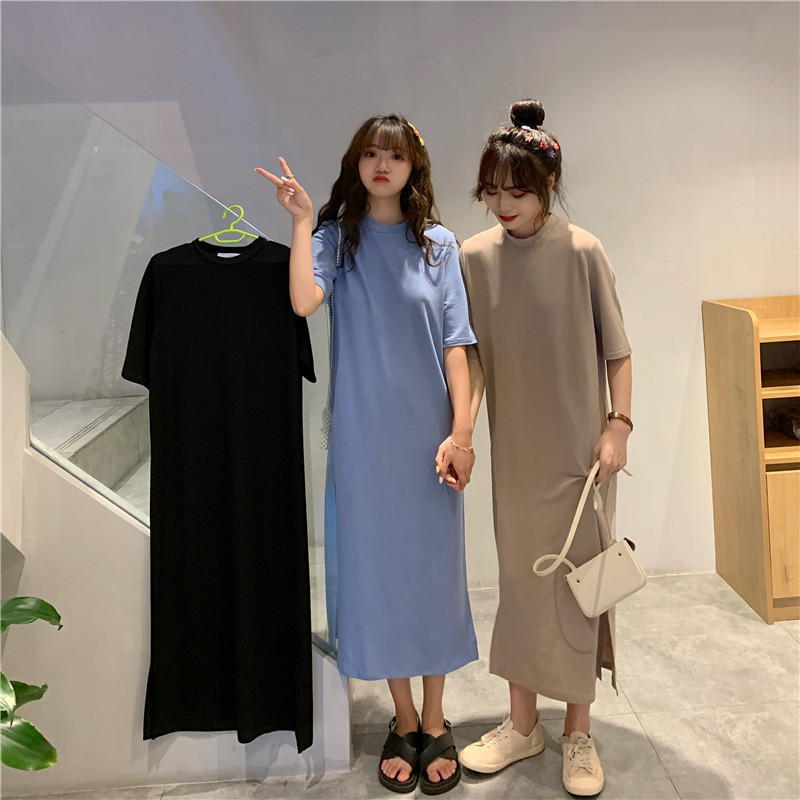 Summer Korean Style Short-sleeved Women's Long Dress Loose Large Size Over-the-knee Super Long Internet Celebrity Casual Solid Color Home Dress
