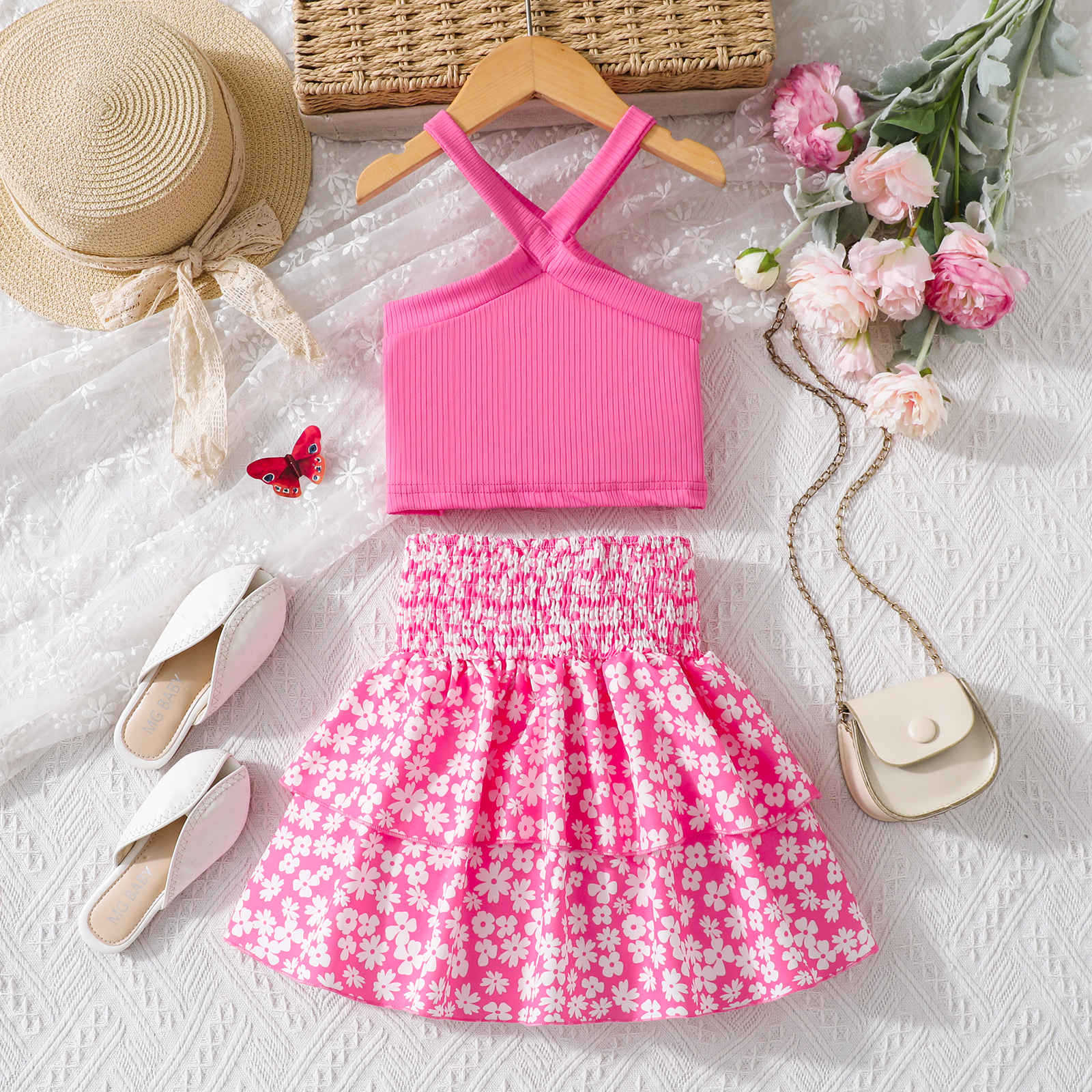 Skirt Sets Sets Type 2 Pieces Set Quantity Casual Cute Flower Polyester Girls Clothing Sets